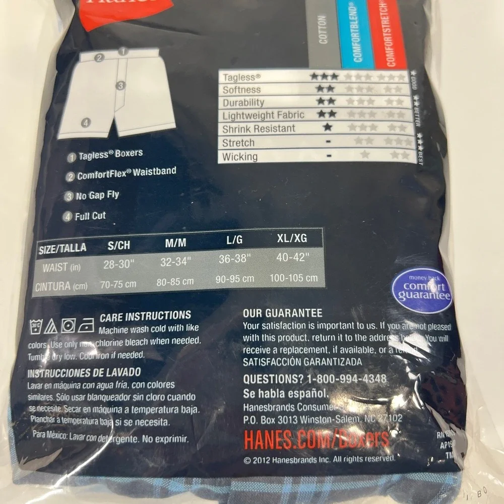 Hanes Tagless Boxers Men Large Blue Gray Plaid 4-Pack Yarn Dye ComfortFlex New